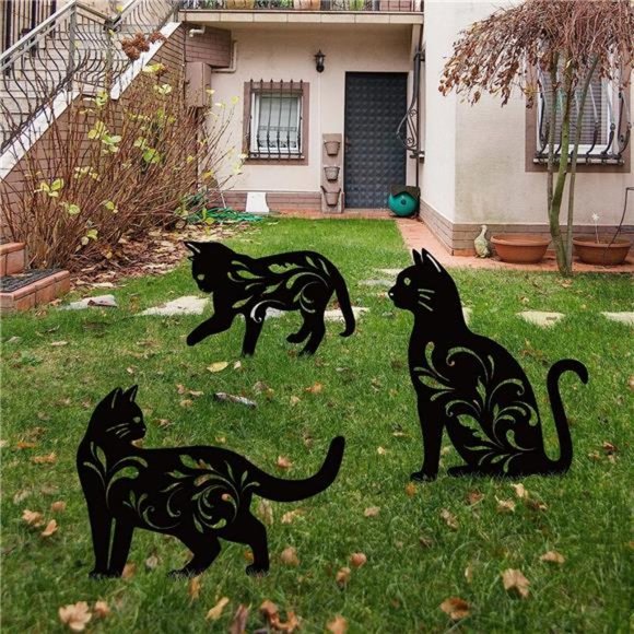 3 Pack Metal Cat Garden Statues Black Cat Silhouette Cat Decorative Garden Stake - Picture 1 of 7